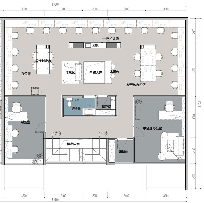 1500平方跃层办公室二层平面图