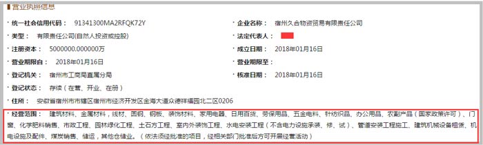 久合物资贸易公司经营范围截图